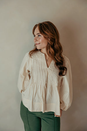 Pleated V Neck Baby Doll Ecru Top