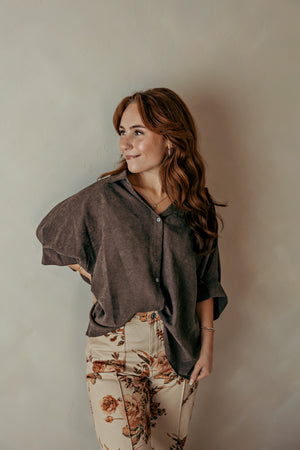 Brown Short Sleeve Contemporary Button Up Top