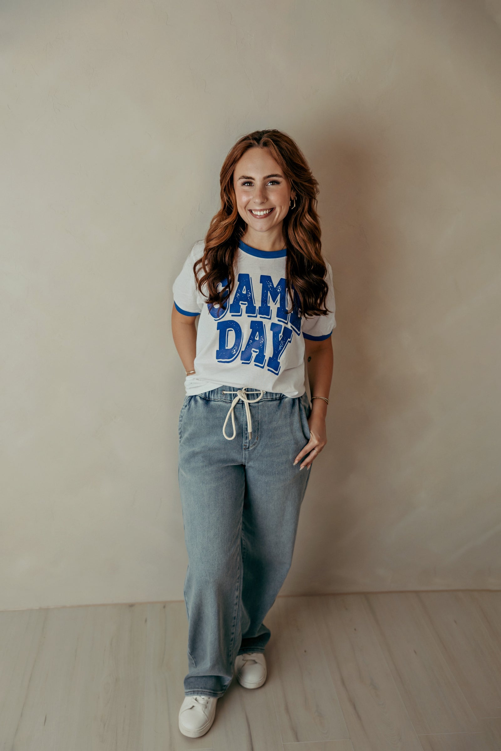 Adult Blue Game Day Ringer Graphic Tee White