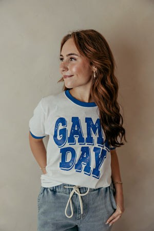 Adult Blue Game Day Ringer Graphic Tee White
