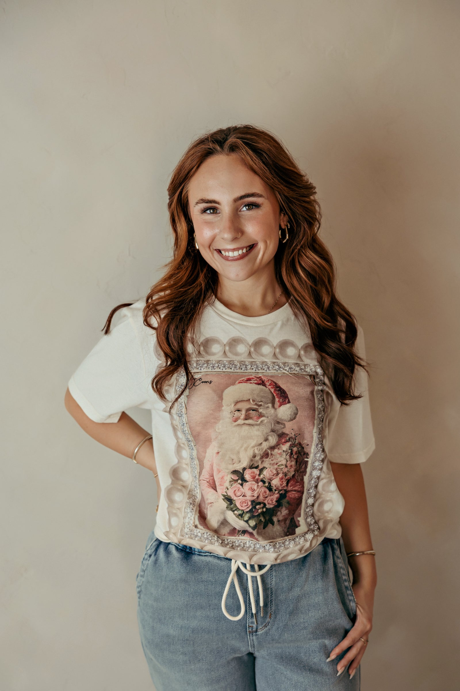 Pink Floral Santa Graphic Tee Ivory