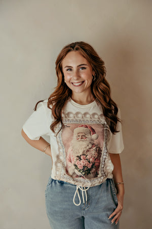 Pink Floral Santa Graphic Tee Ivory