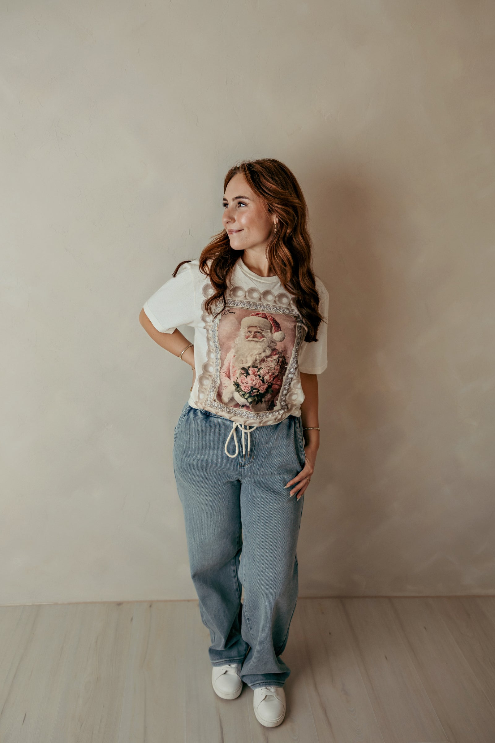 Pink Floral Santa Graphic Tee Ivory