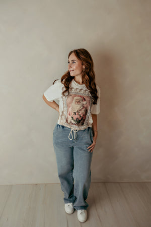 Pink Floral Santa Graphic Tee Ivory