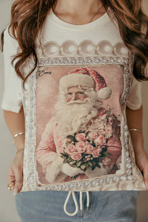 Pink Floral Santa Graphic Tee Ivory