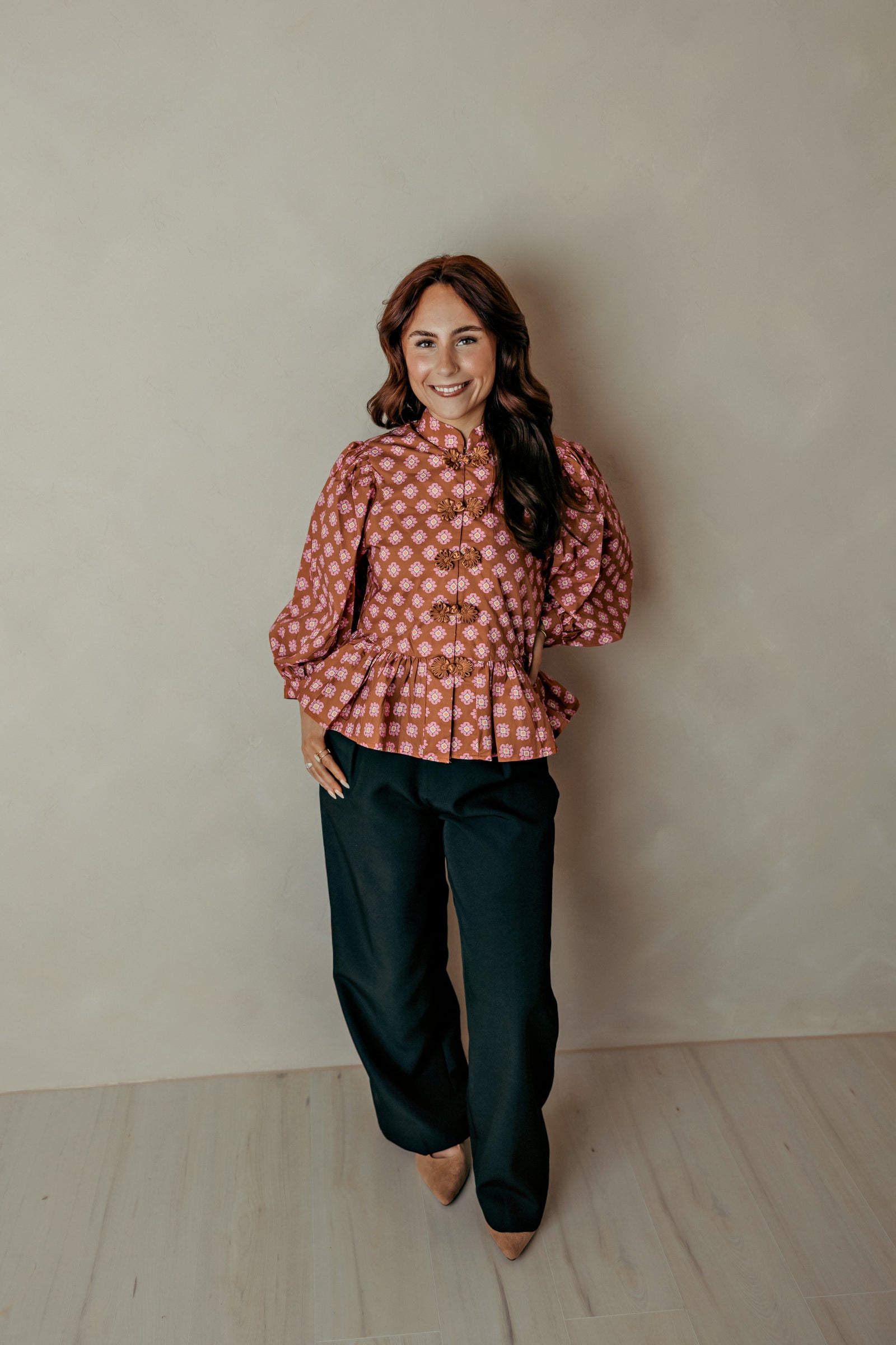 Floral Peplum Fall Top Camel