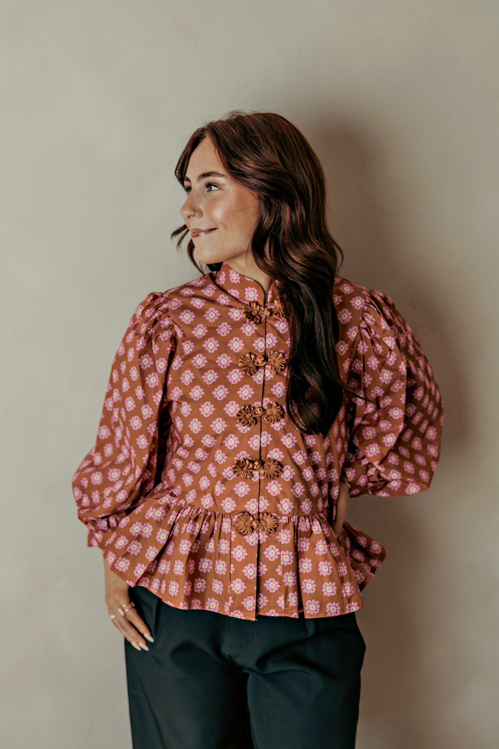 Floral Peplum Fall Top Camel