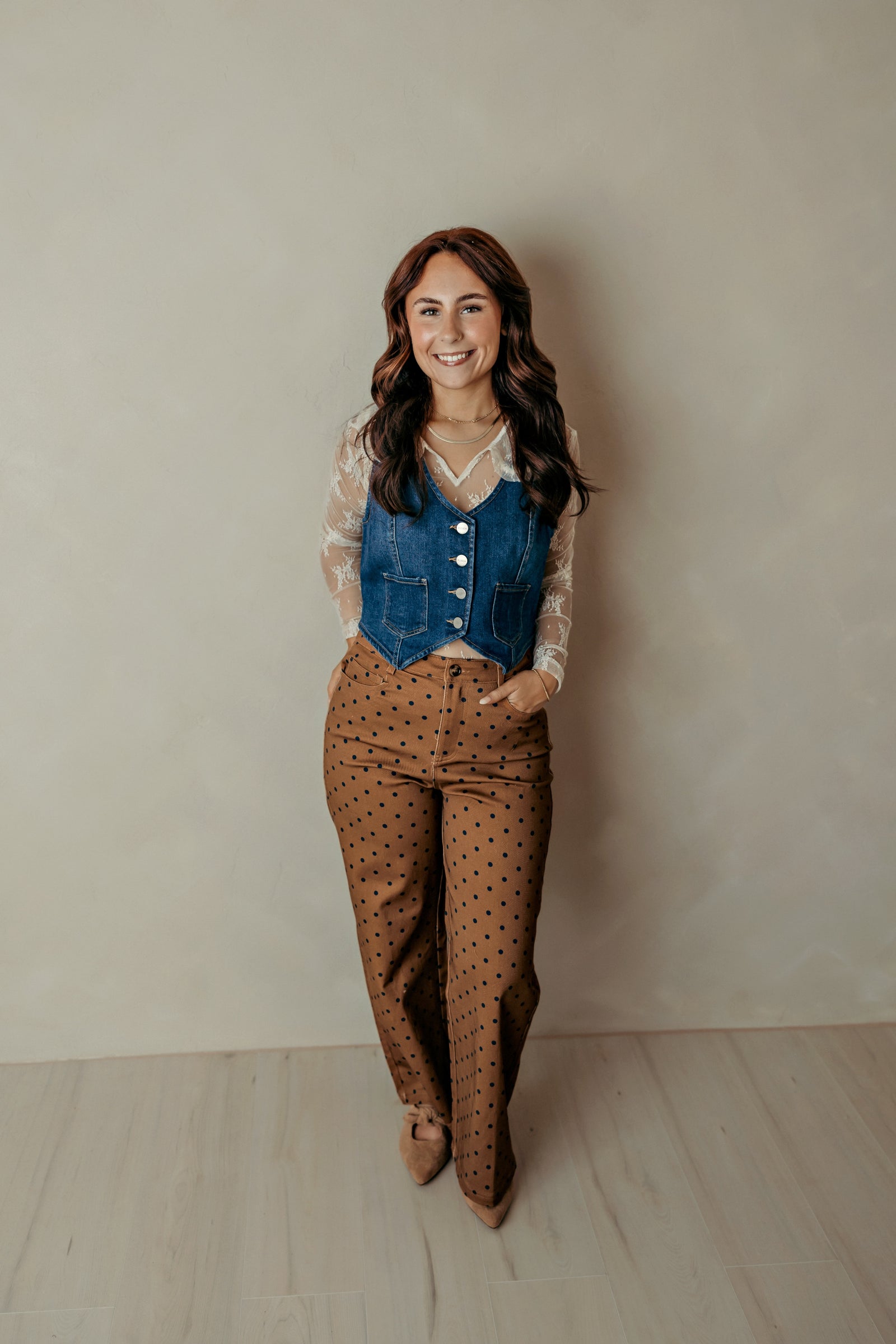 Camel Wide Leg Polka Dot Cropped Pants