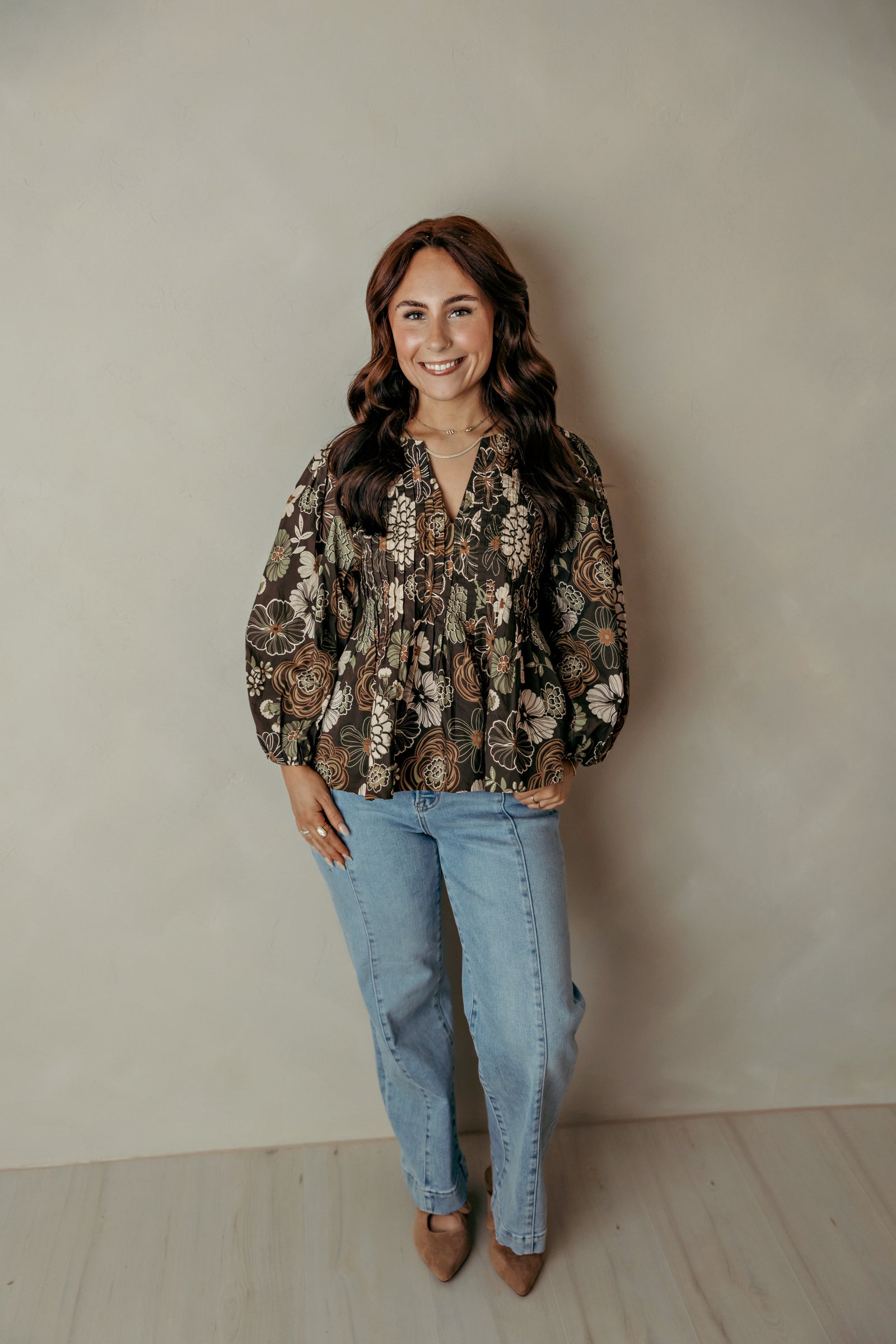 Brown & Green Floral V Neck Pleated Top
