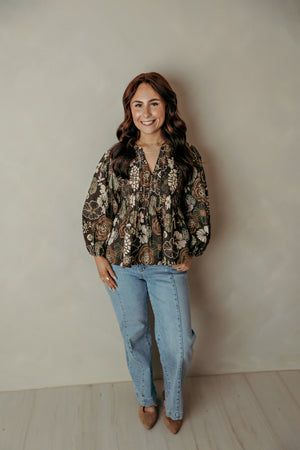 Brown & Green Floral V Neck Pleated Top