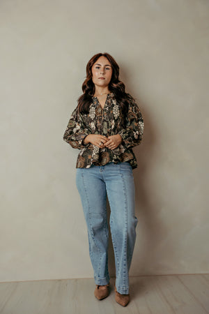 Brown & Green Floral V Neck Pleated Top