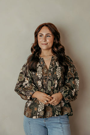 Brown & Green Floral V Neck Pleated Top