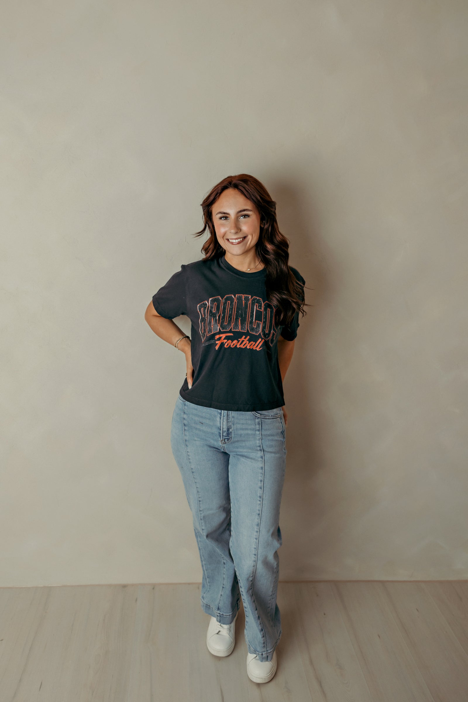 Adult Cropped Distressed Broncos Graphic Tee Black