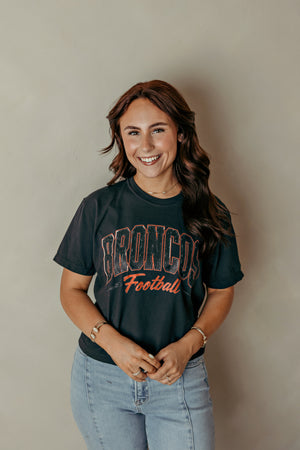 Adult Cropped Distressed Broncos Graphic Tee Black