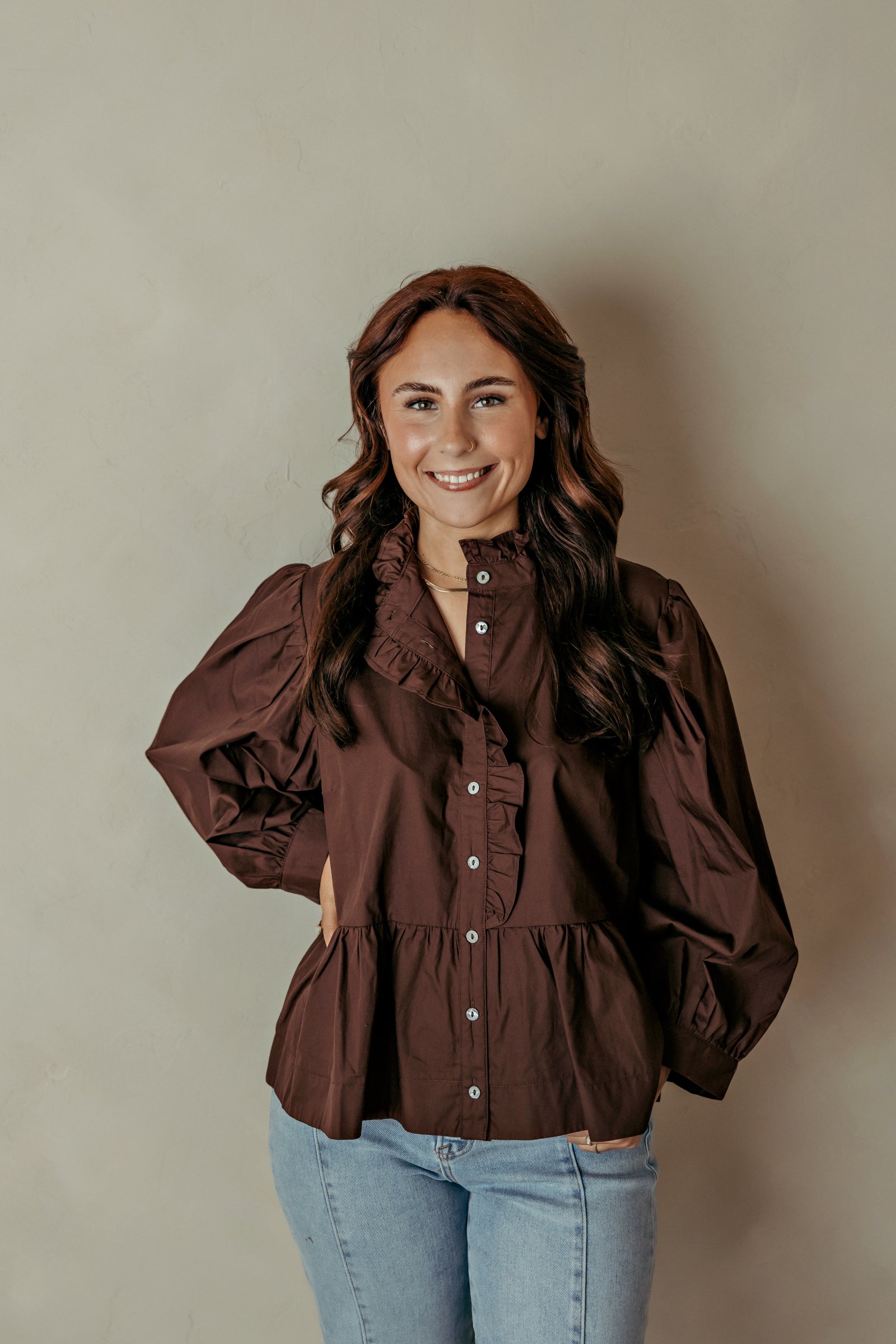 Ruffle Collar Puff Long Sleeve Brown Top