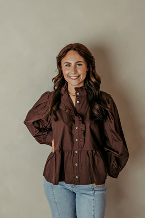 Ruffle Collar Puff Long Sleeve Brown Top