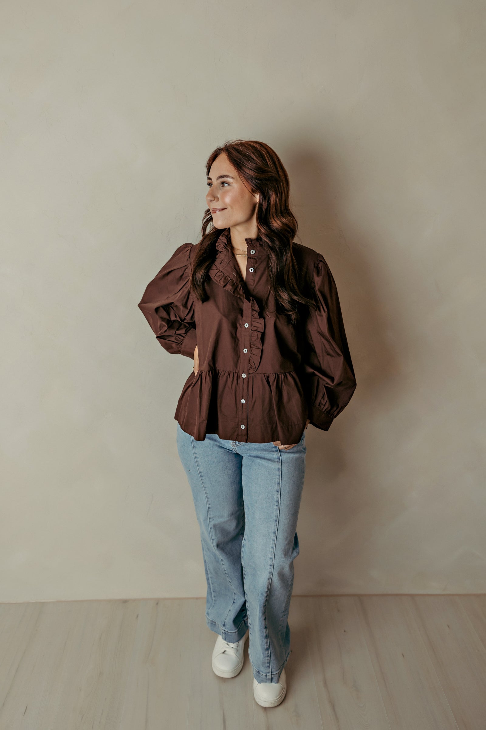 Ruffle Collar Puff Long Sleeve Brown Top