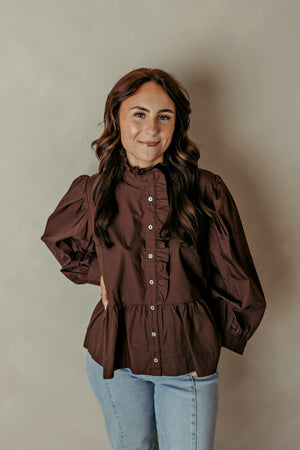 Ruffle Collar Puff Long Sleeve Brown Top