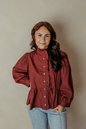 Ruffle Collar Puff Long Sleeve Cognac Top