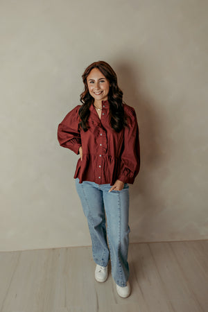 Ruffle Collar Puff Long Sleeve Cognac Top