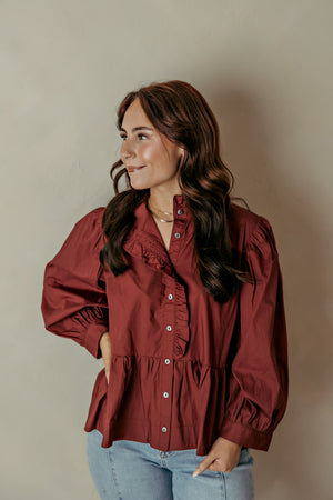 Ruffle Collar Puff Long Sleeve Cognac Top