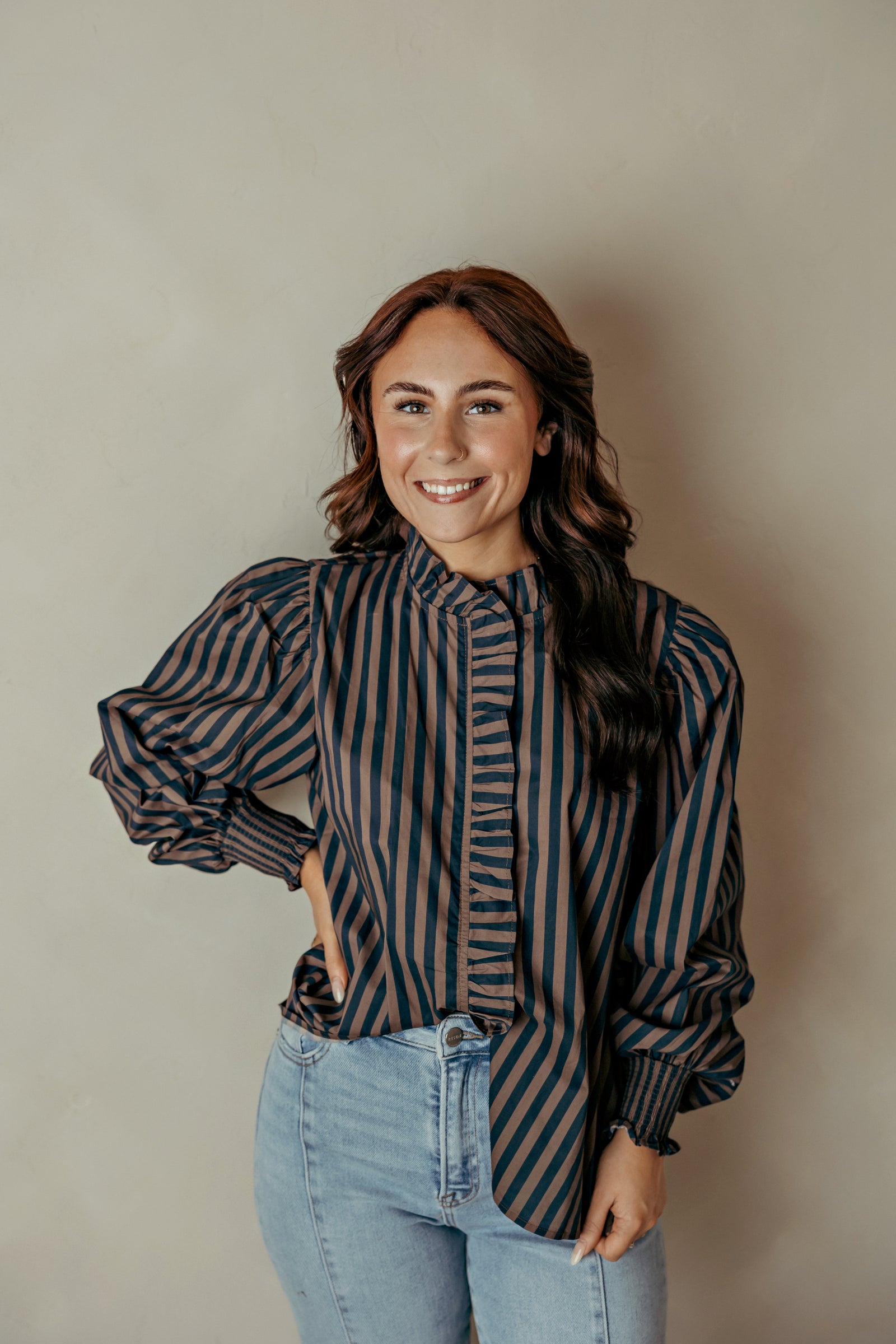 Ruffle Collar Puff Sleeve Navy Brown Top