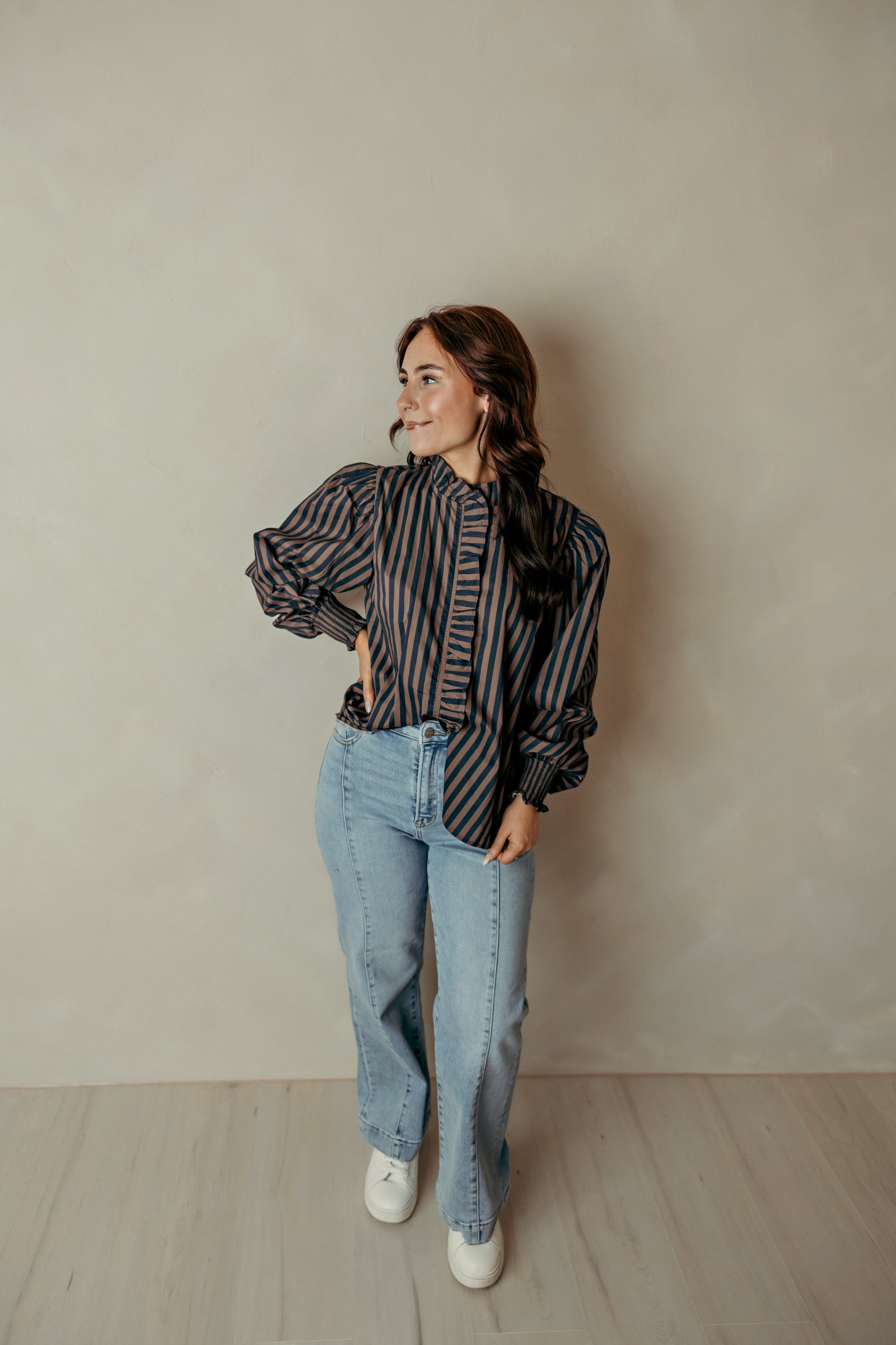 Ruffle Collar Puff Sleeve Navy Brown Top
