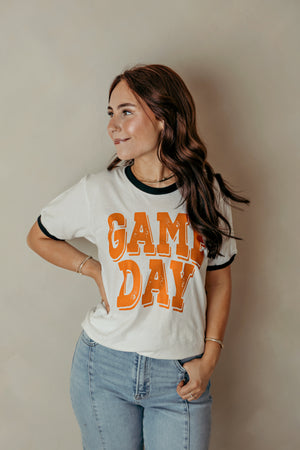Adult Orange Game Day Ringer Graphic Tee White