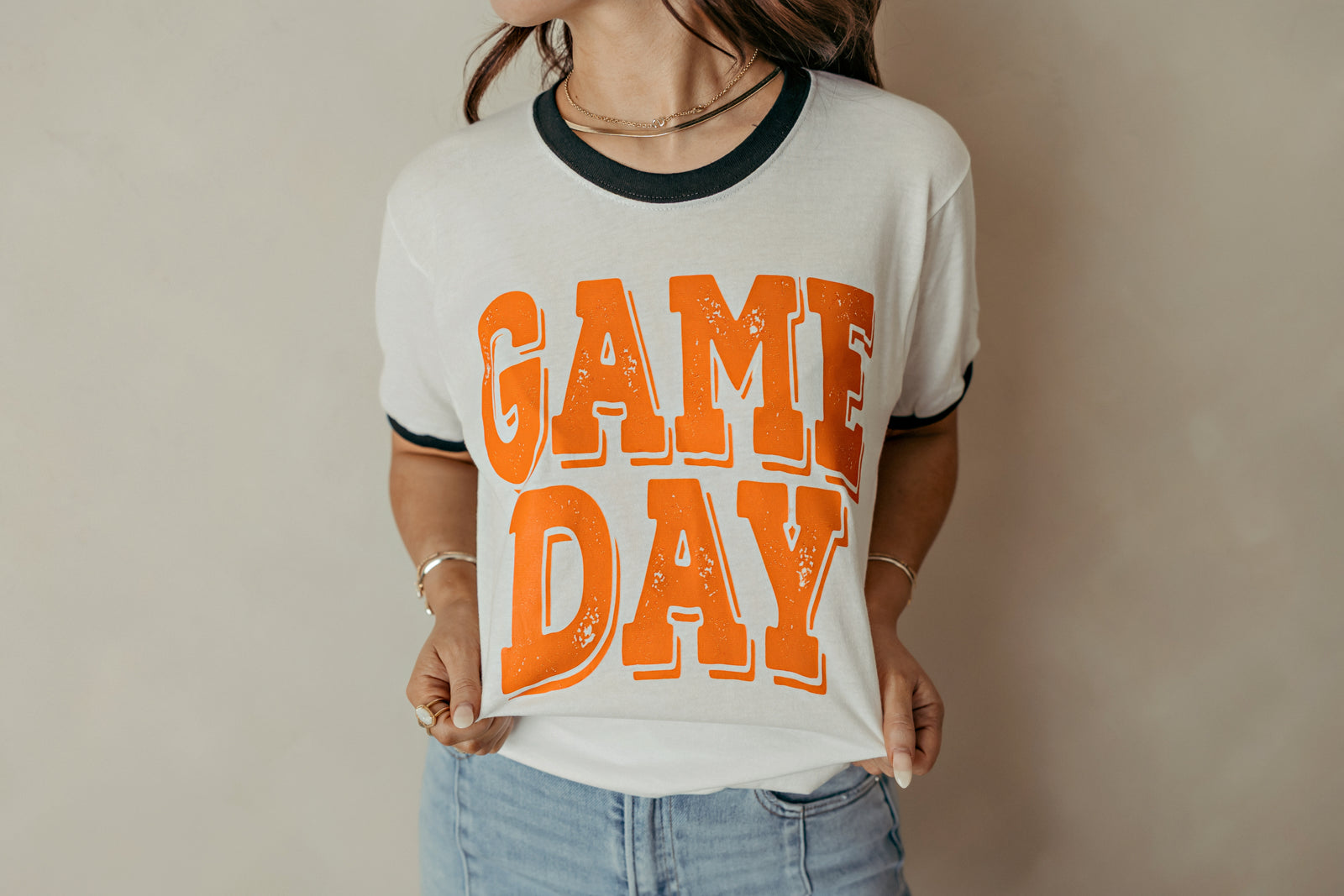 Adult Orange Game Day Ringer Graphic Tee White