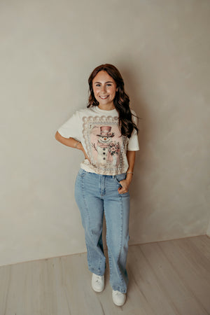 Pink Floral Snowman Graphic Tee Ivory