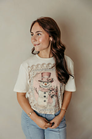 Pink Floral Snowman Graphic Tee Ivory