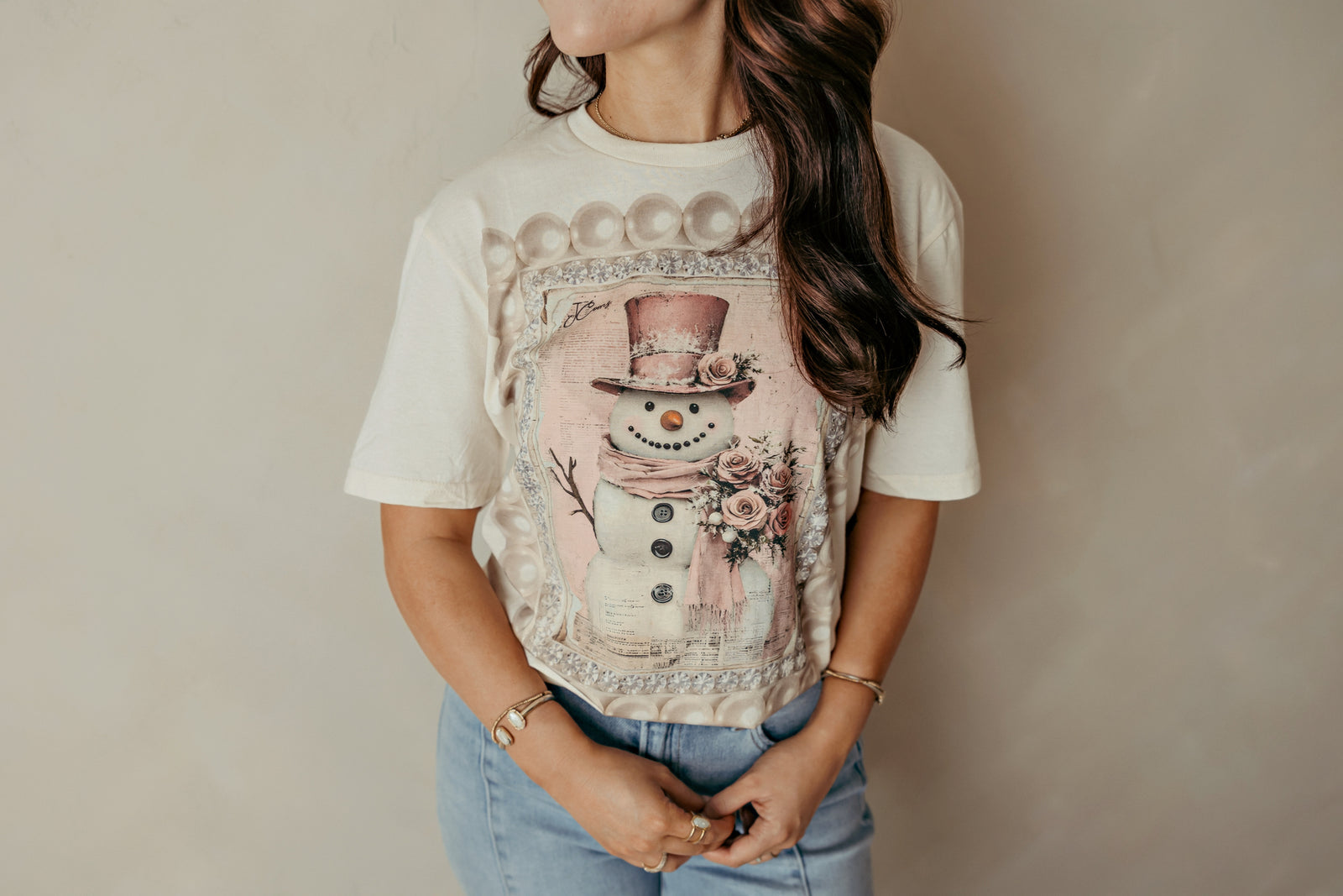 Pink Floral Snowman Graphic Tee Ivory
