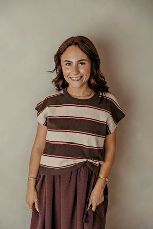 Sleeveless Brown And Plum Striped Dress w/ Sweater