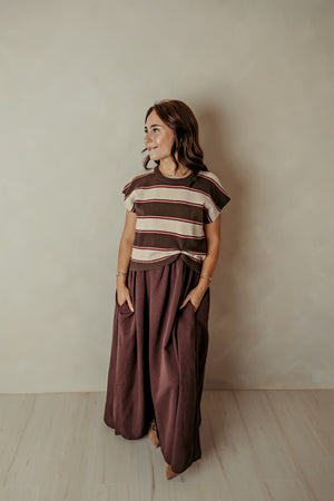 Sleeveless Brown And Plum Striped Dress w/ Sweater