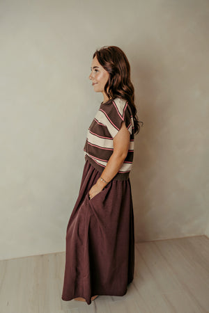 Sleeveless Brown And Plum Striped Dress w/ Sweater
