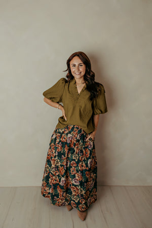 Ruffle V Neck Puff Sleeve Olive Top