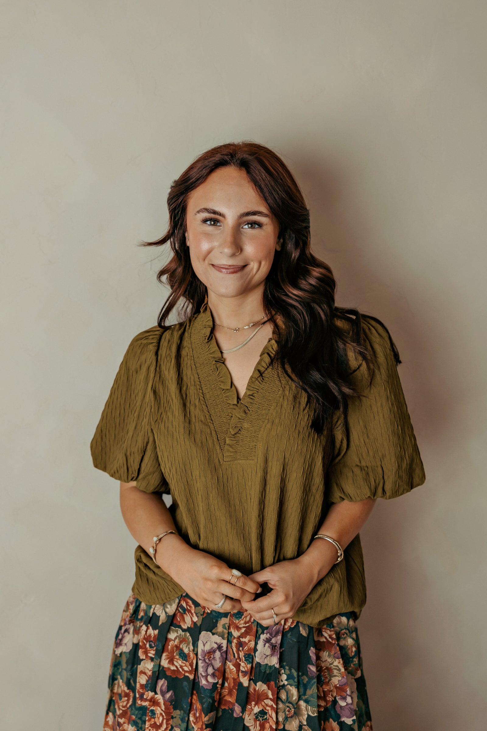 Ruffle V Neck Puff Sleeve Olive Top