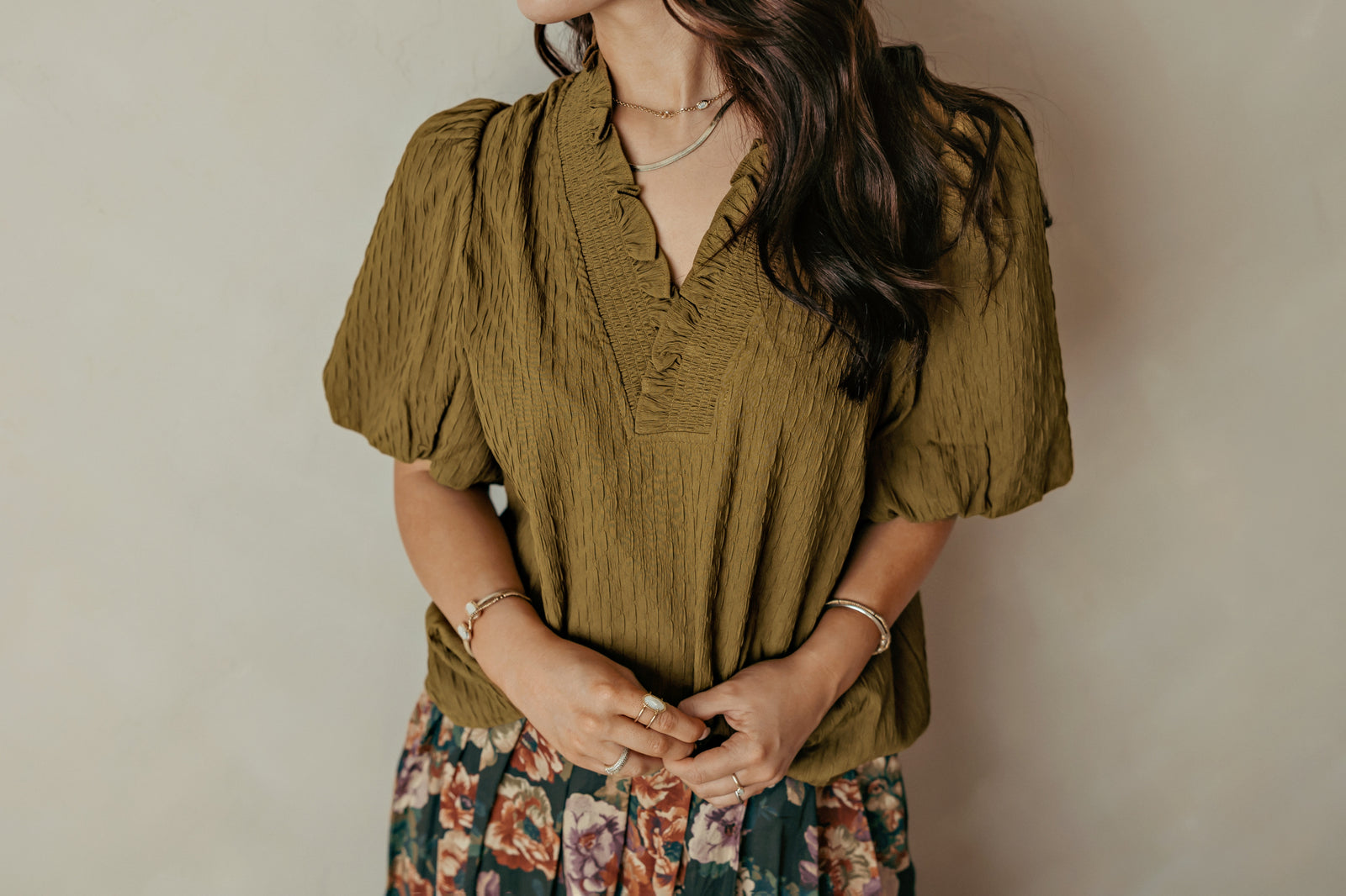 Ruffle V Neck Puff Sleeve Olive Top