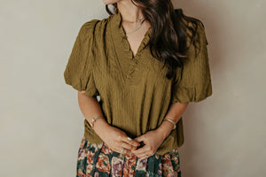 Ruffle V Neck Puff Sleeve Olive Top