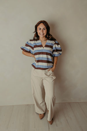 Puff Sleeve V Neck Brown/Blue Colored Stripe Top