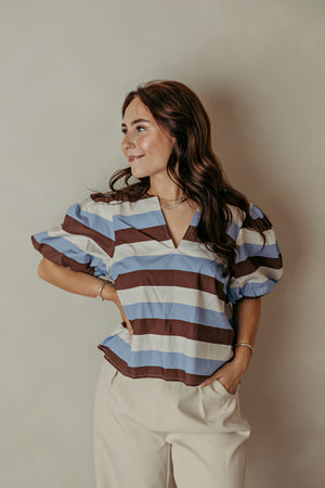 Puff Sleeve V Neck Brown/Blue Colored Stripe Top