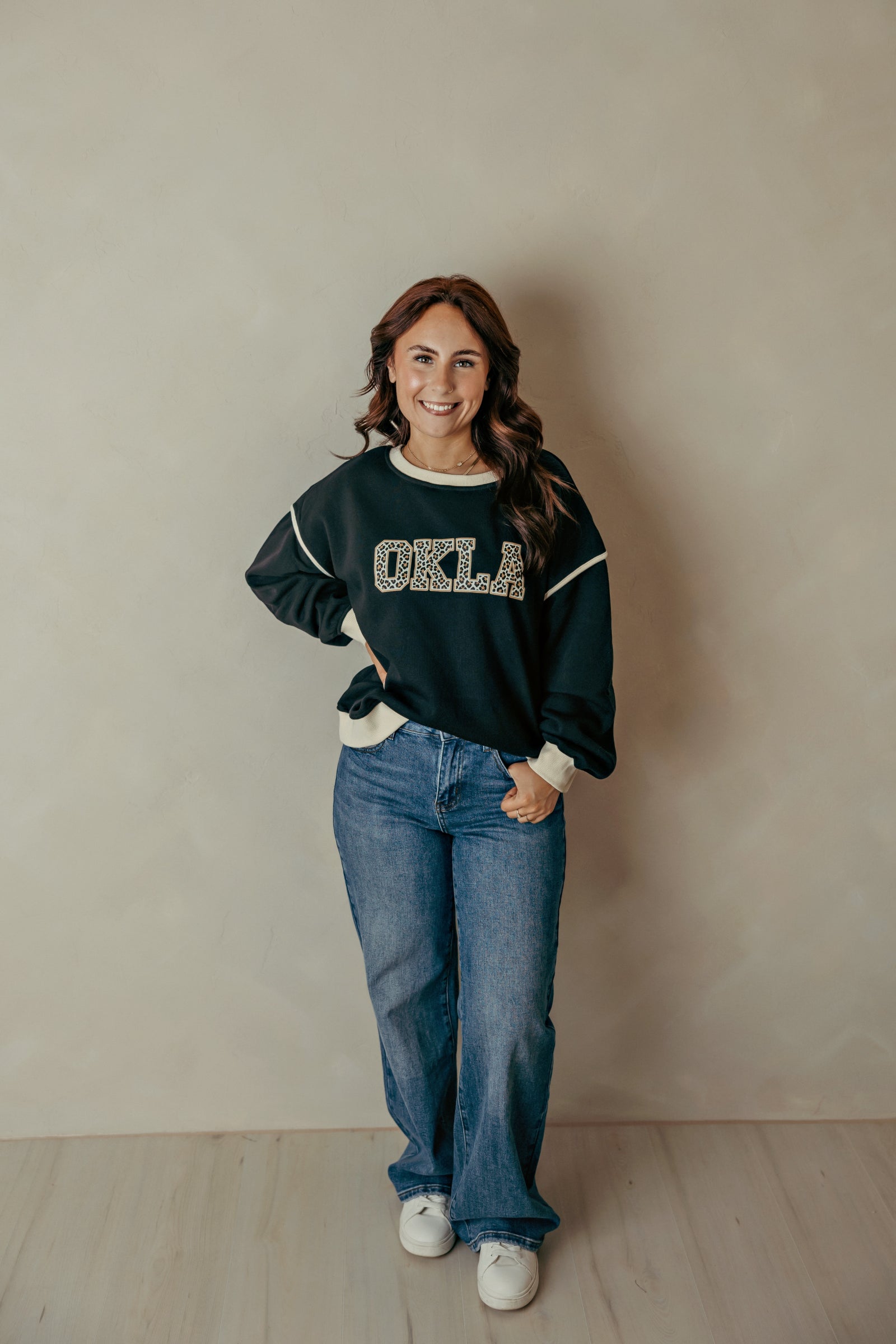 OKLA Leopard Black with White Trim Sweatshirt