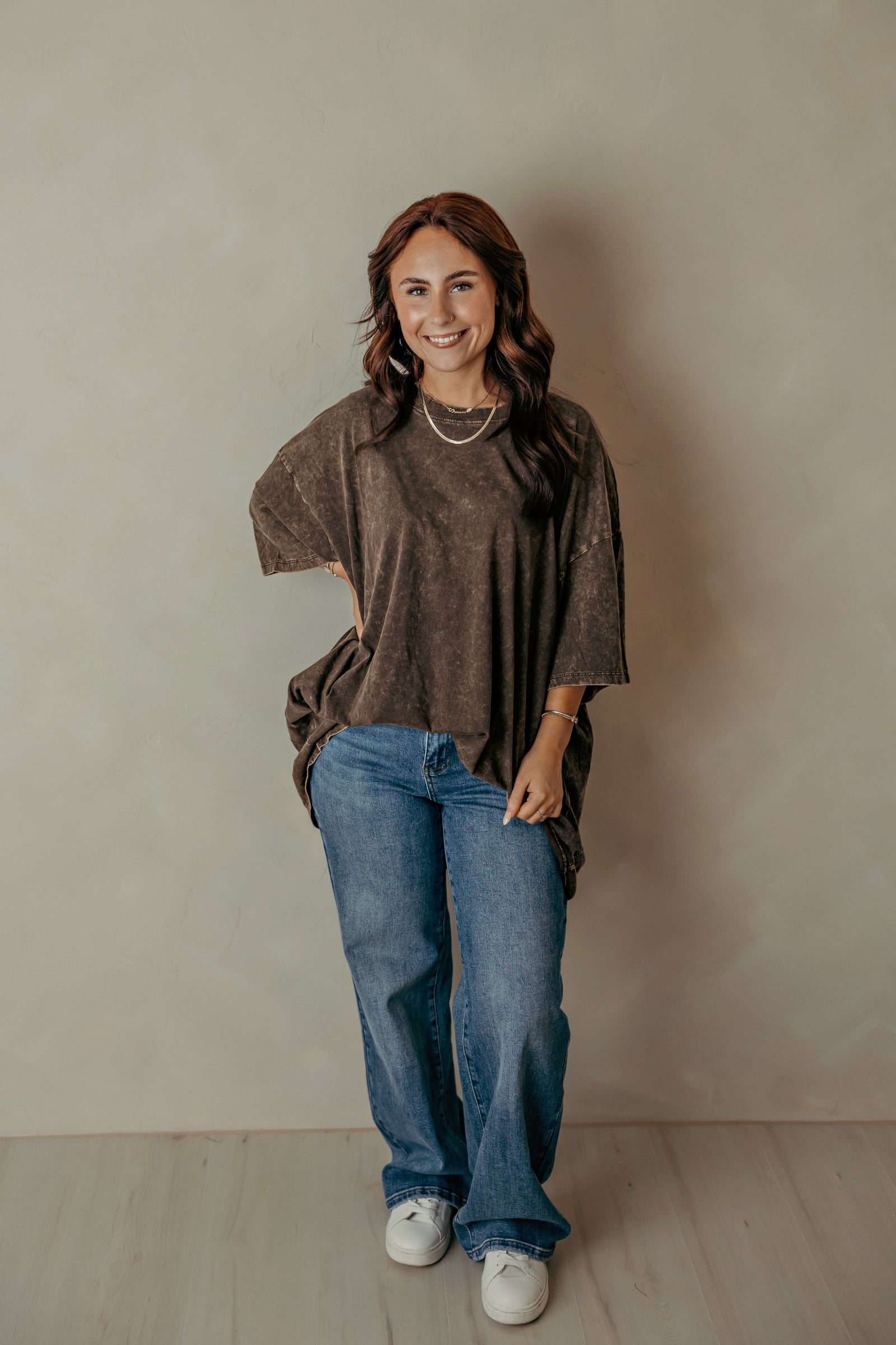 Acid Wash Drop Shoulder Boyfriend Tee - Chocolate