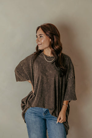 Acid Wash Drop Shoulder Boyfriend Tee - Chocolate