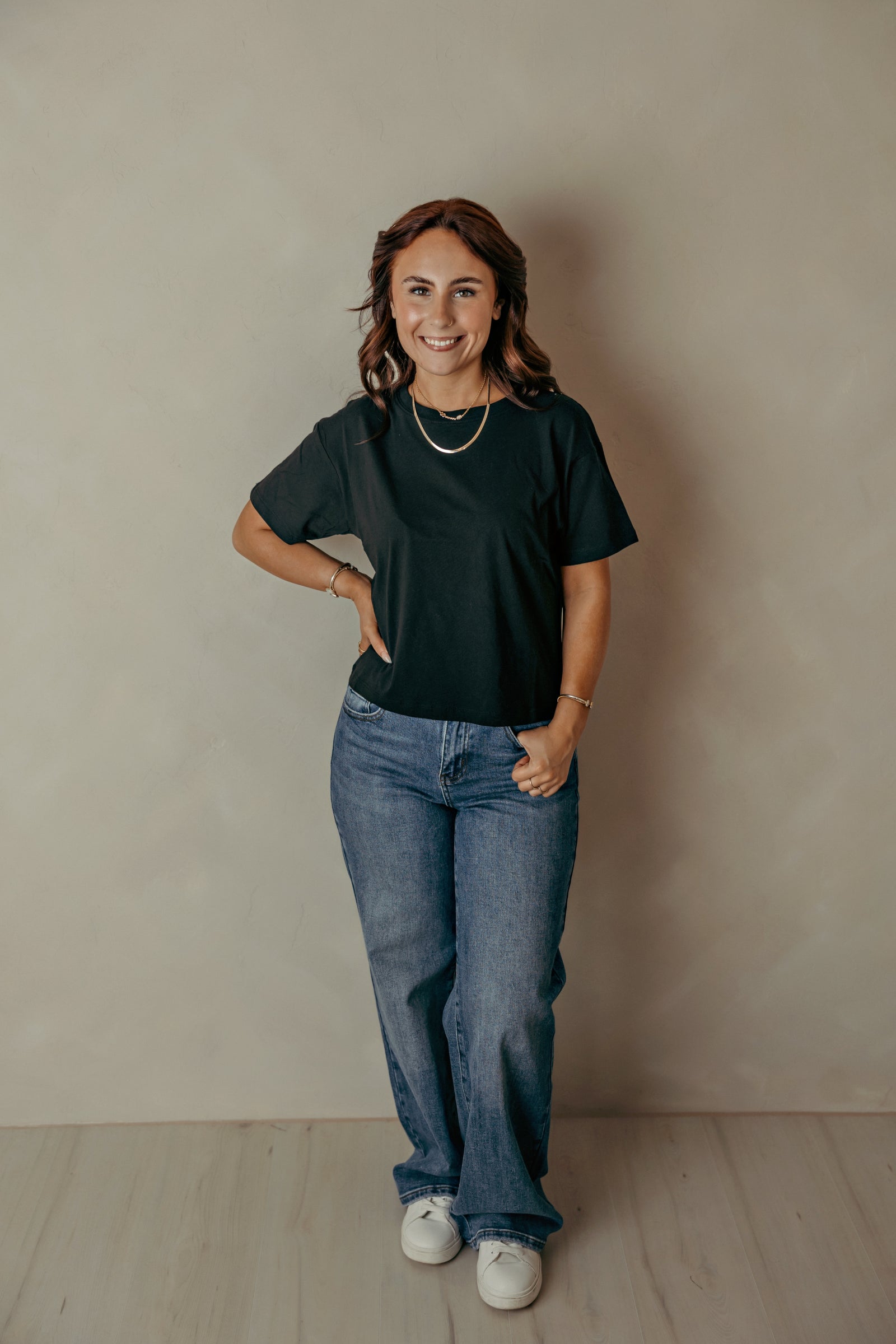 Cotton Crew Neck SS Cropped Tee Shirt - Black