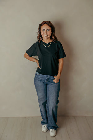 Cotton Crew Neck SS Cropped Tee Shirt - Black