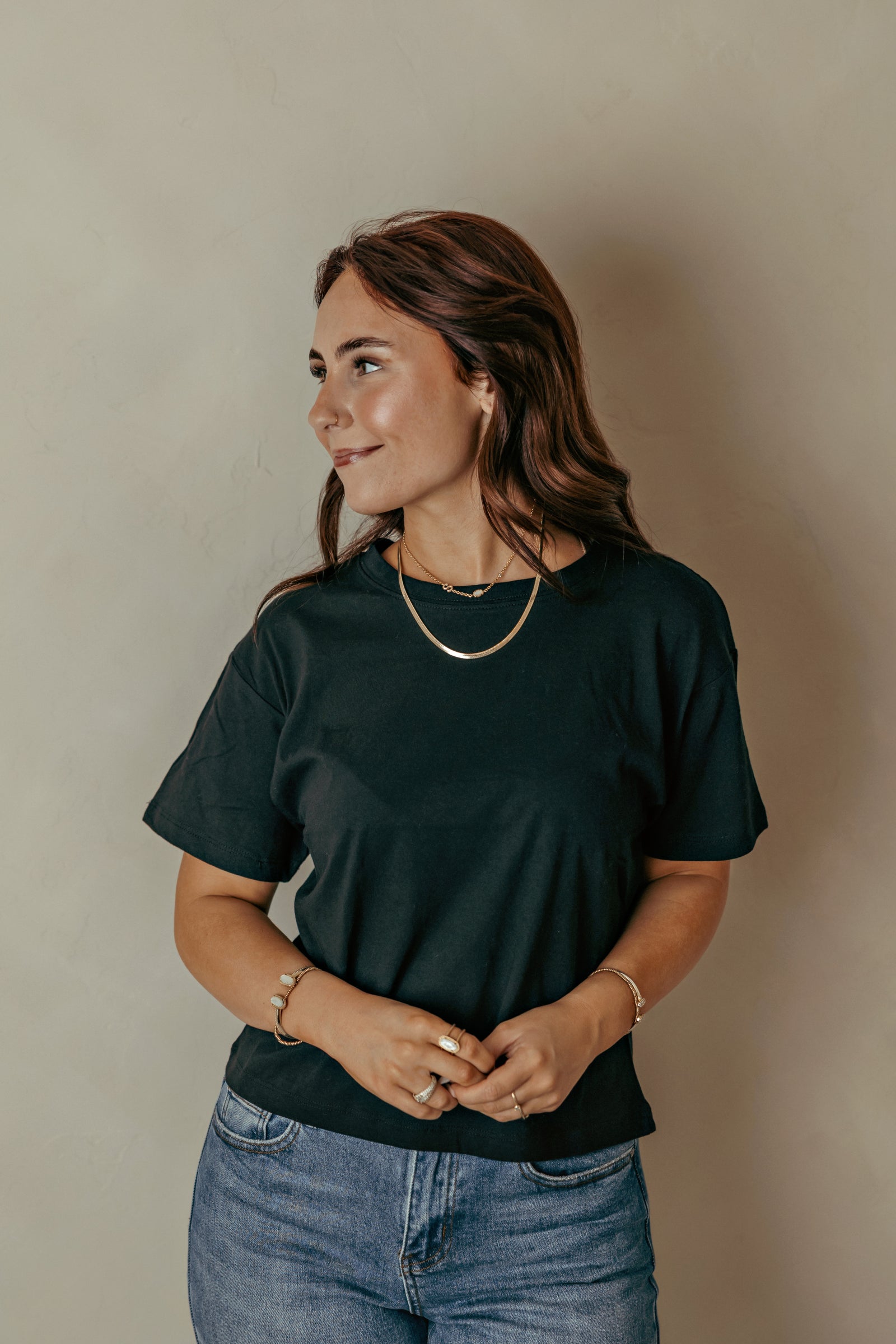 Cotton Crew Neck SS Cropped Tee Shirt - Black