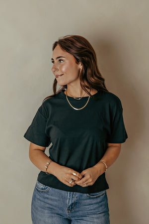 Cotton Crew Neck SS Cropped Tee Shirt - Black