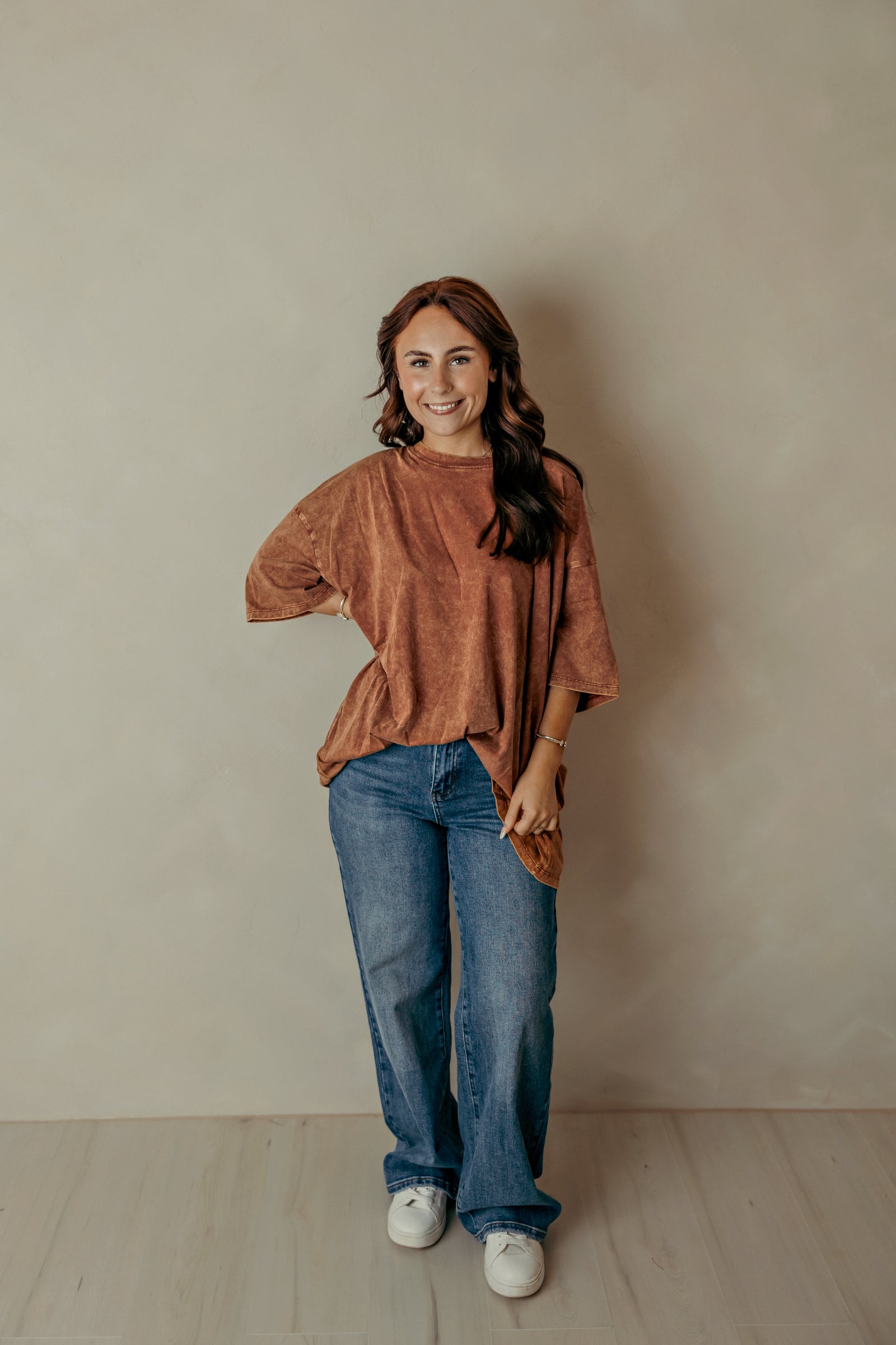 Acid Wash Drop Shoulder Boyfriend Tee - Rust