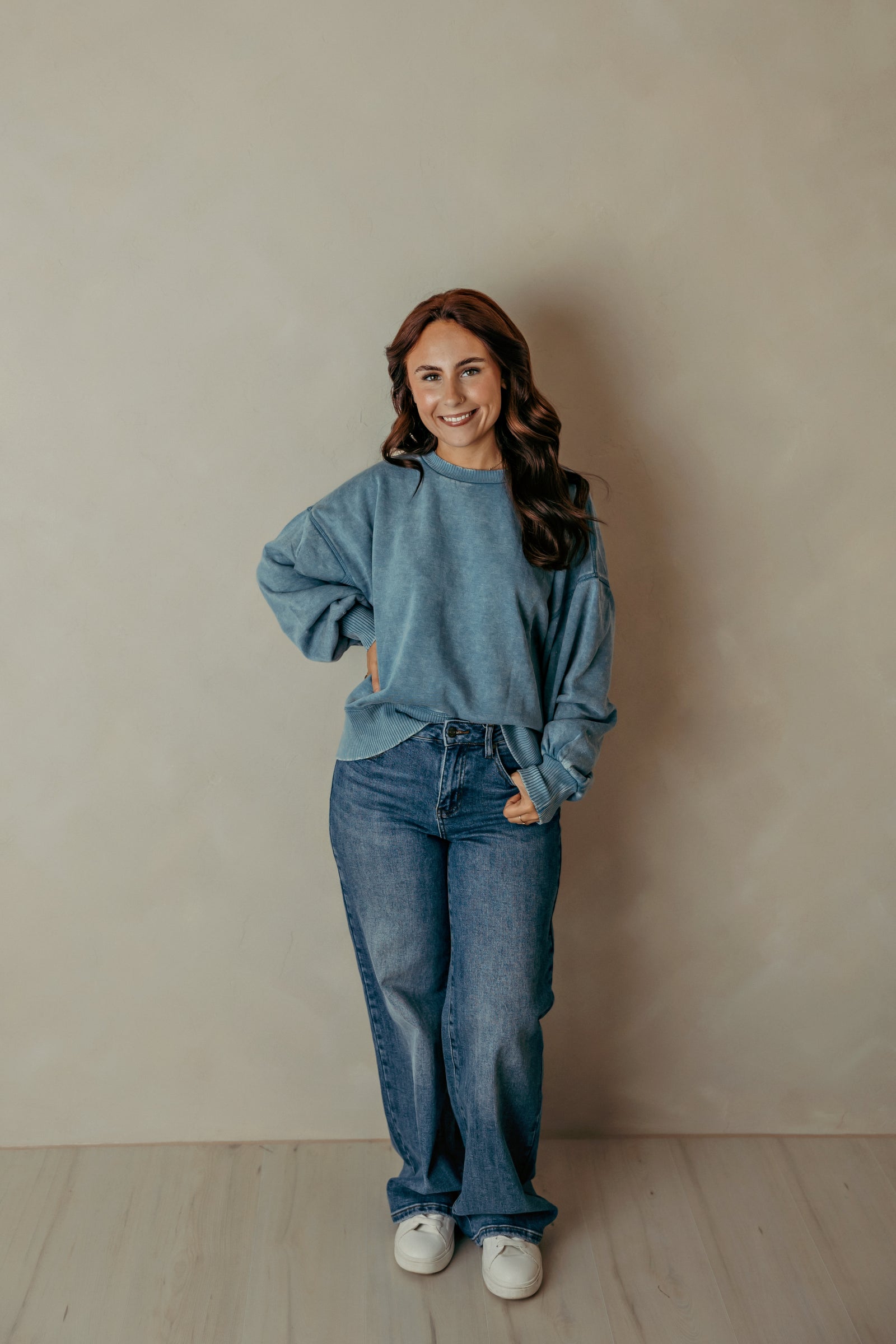 Acid Wash Fleece Oversized Pullover - Blue Grey